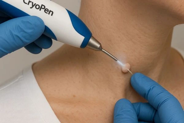 Person receiving cryotherapy Cambridge for skin tag removal