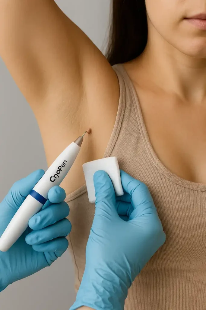 woman having cryopen to remove underarm skin tags Cambridge