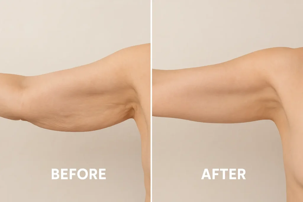 Picture of LA LIPO Cambridge before and after results of skin tightening treatment on the upper arms.