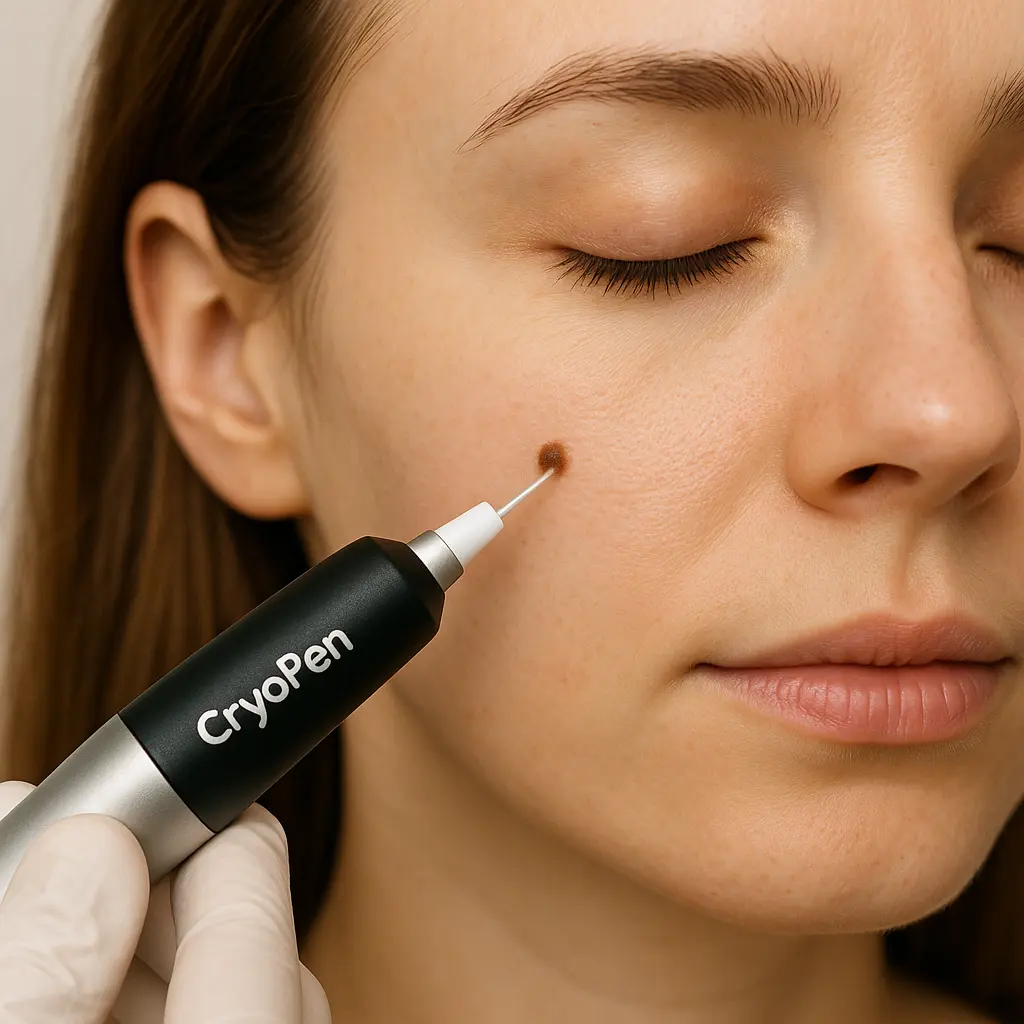 woman receiving facial mole removal Cambridge using cryopen 