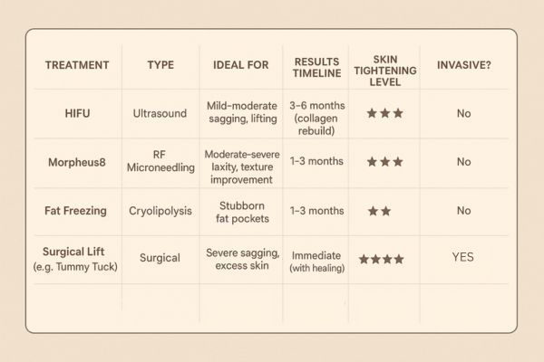 Table showing the comparisons of Skin tightening Cambridge treatment options.